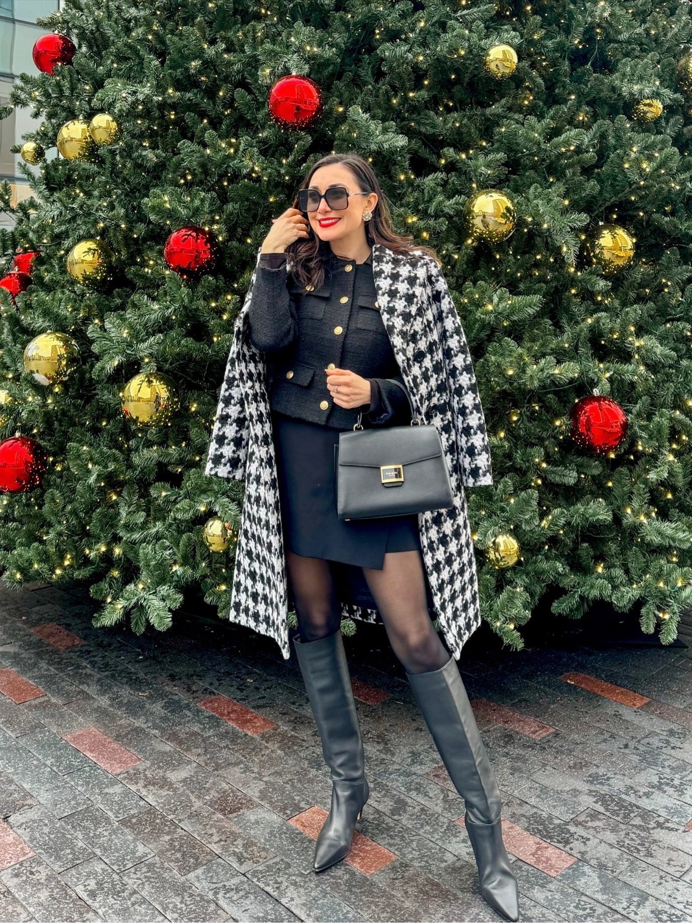 A Houndstooth Coat and Gold Buttons Combination That Feels Made for Holiday Dressing