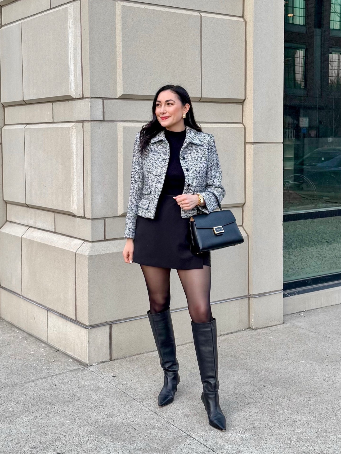 A Tweed Jacket Over a Black Mini Is Still One of the Easiest Ways to Look Instantly Put Together