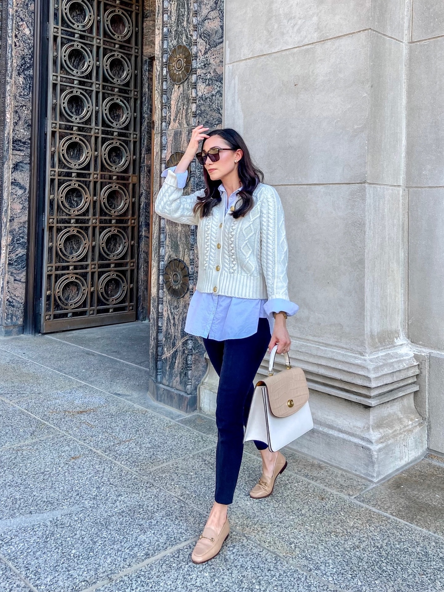 How a Cable-Knit Cardigan Over a Button-Down Can Make Everyday Classics Feel Fresh Again