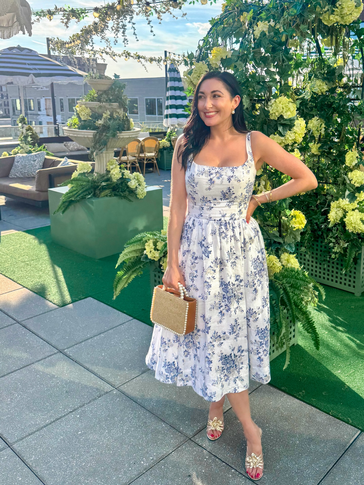 A Blue Floral Dress That Feels Perfect for Rooftop Dinners, Showers, and Summer Celebrations